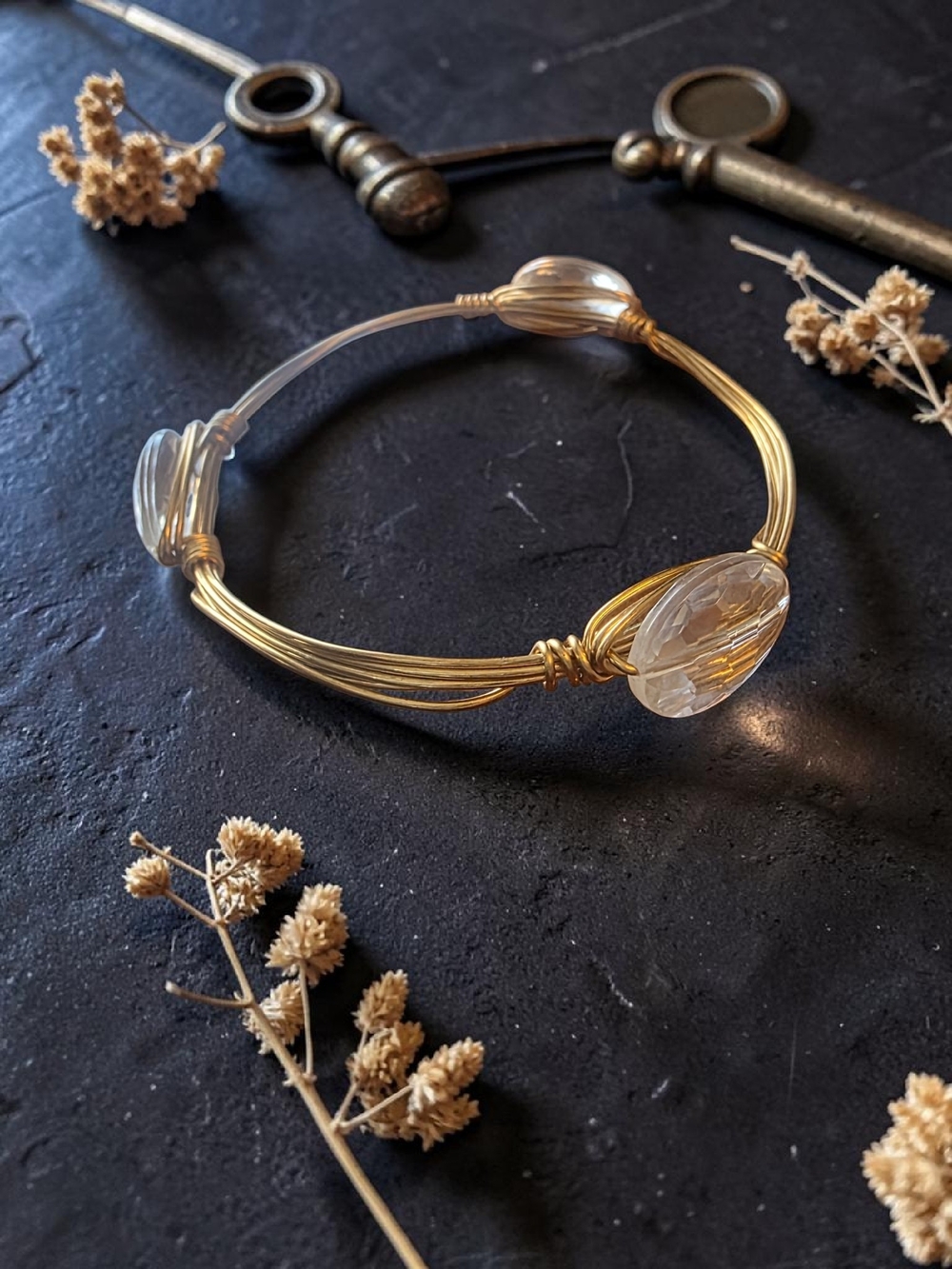 Crystal Faceted Bead Wire Wrapped Bangle Bracelet